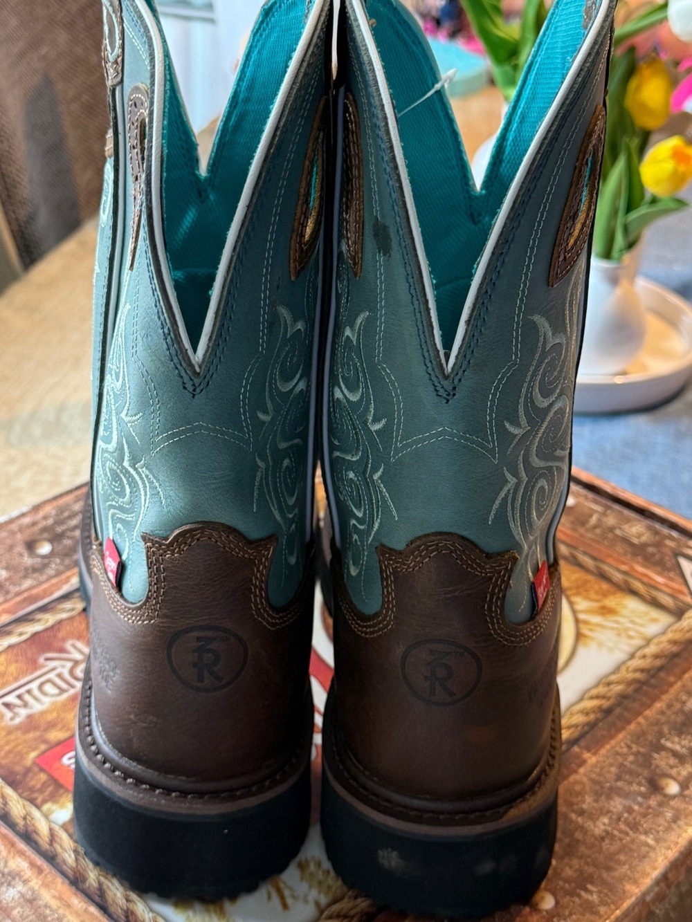 Tony Lama Work RR3401L Women’s Western Work Boots Brown Teal Waterproof 9C NIB - Picture 5 of 7